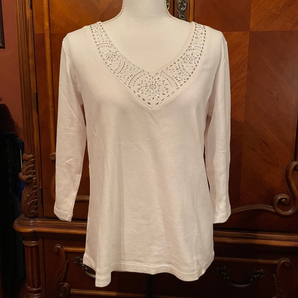 "Karen Scott" White Embellished Top